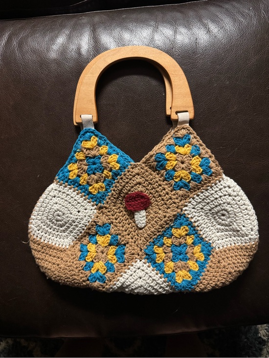 Handbags - Handmade Crochet Mushroom Accent Tote - Tan, White, Blue & Yellow